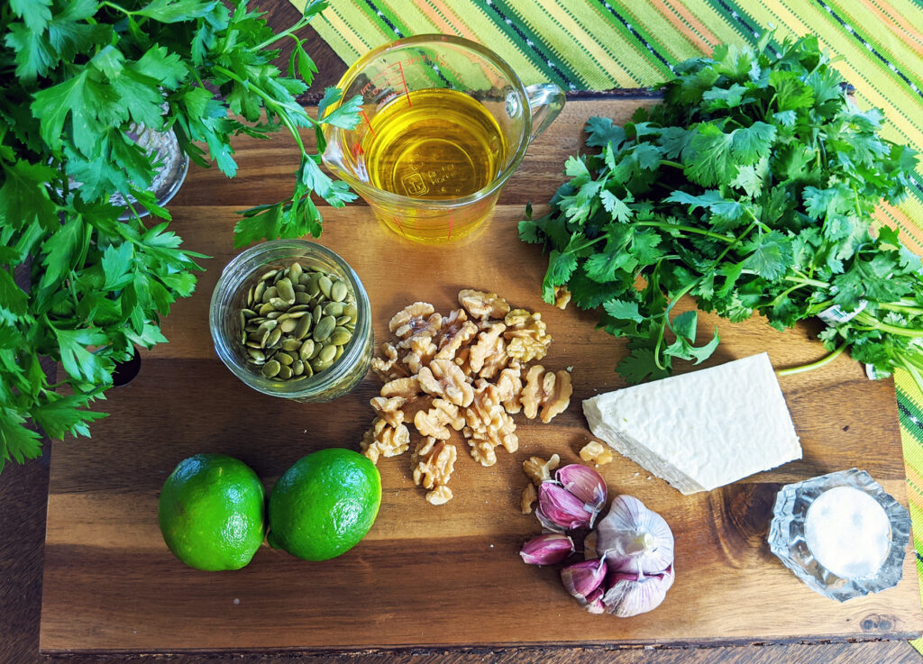 an overhead view of pesto ingredients.